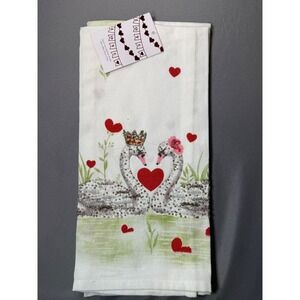 NWT Set of 2 Love Swan Kitchen Towels White Red Heart Beaded Sequin